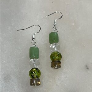 Artisan Sterling Silver Green and Clear Glass Beaded Earrings